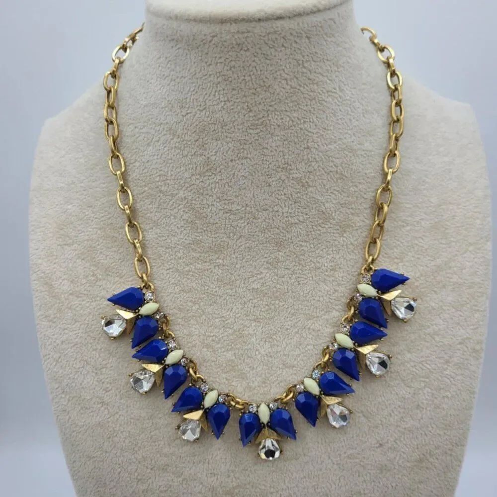 J Crew Blue Resin Clear Crystal Statement Necklace